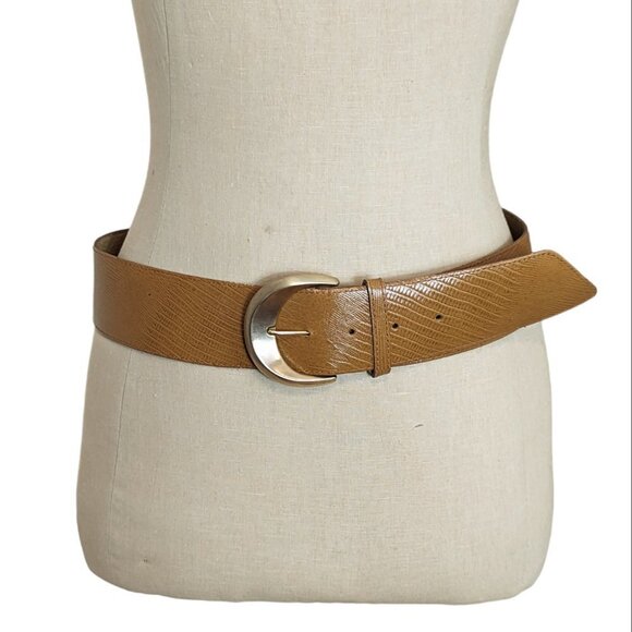 Vintage Textured Leather Belt Wide Tan Yellow‎ Brown Gold Tone Buckle Hardware main image 6